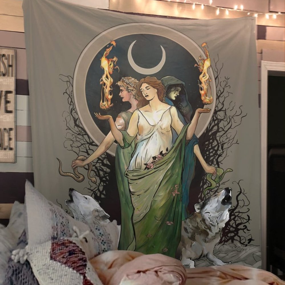 Moon Goddess Tapestry Art Hecate Wolves Gothic Art
